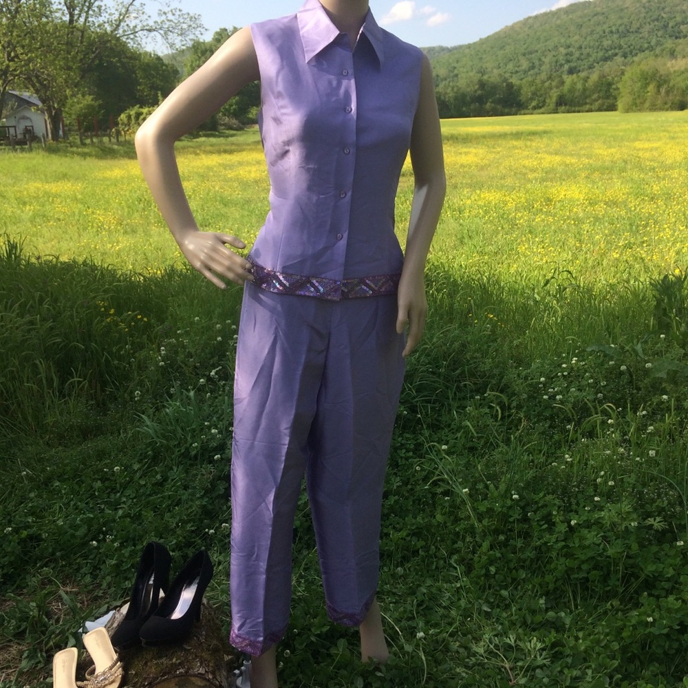 ICE Lavender Embellished Silk Crop Pant Set